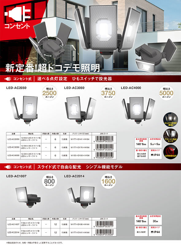 12.5W×4灯スライド型LEDセンサーライト LED-AC4000