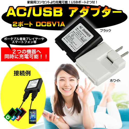 AC/USB アダプター 2ポート DC5V1A（ブラック・ホワイト色あり）